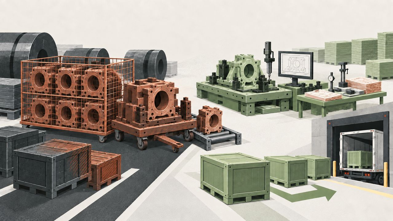 A revised-material production station with old stock and tooling set aside for disposition.