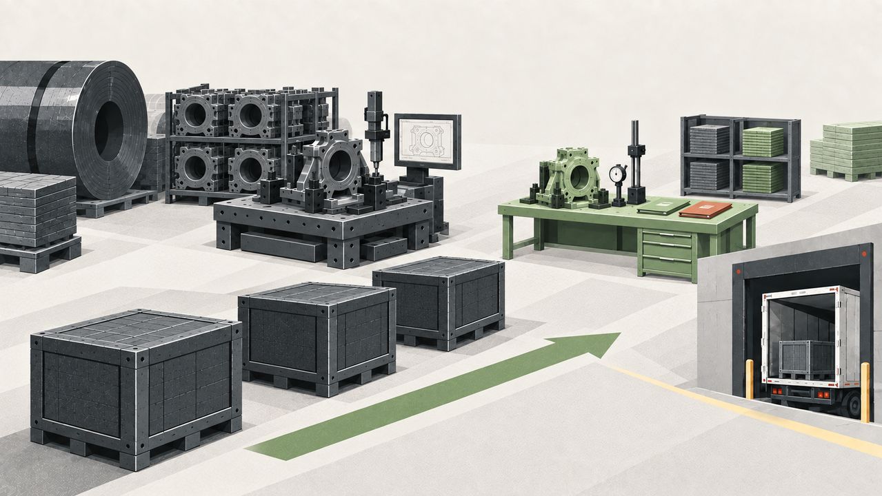 Current housing batches continue through one production station while a revised-material sample is prepared separately.