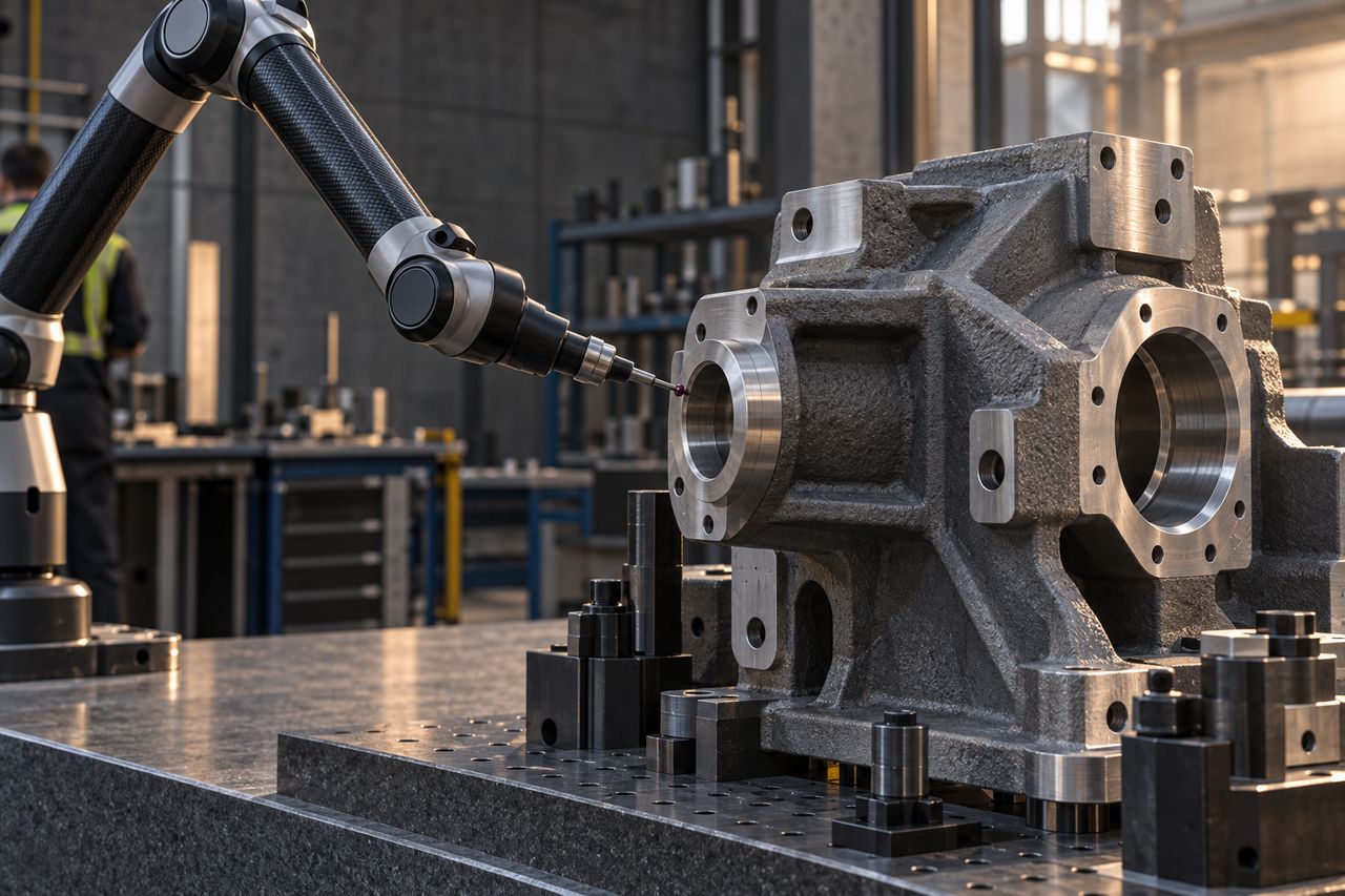 An articulated measuring arm inspects a machined bore in a cast-metal housing.