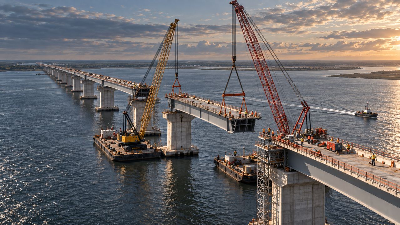 Two cranes lift a bridge deck section into place over a wide estuary.